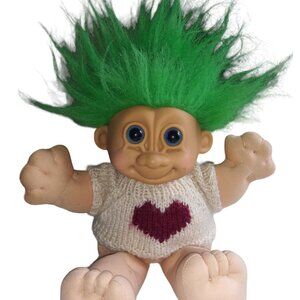 Russ Troll Doll with Green Hair Crochet Heart Sweater Blue Eyed 9 Inch Troll
